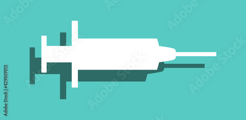 Vaccine Jab Syringe Needle Flat Icon with Shadow on Blue Background. Vector Image.