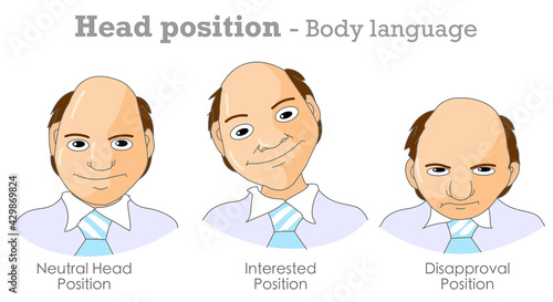 Body language, head position. Examples. Neutral, interested, disapproval. Eye view, glance pointing. Head tilt, up, down. Nonverbal communication. Psychology, acting. Illustration vector