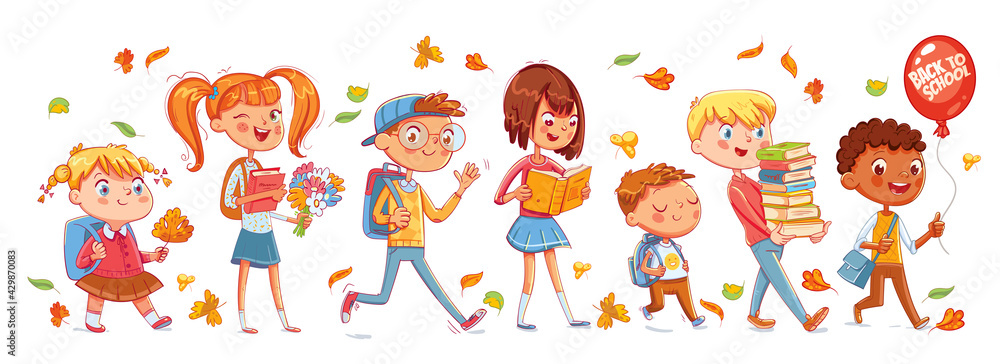 Fototapeta premium School time. Children go to school. Funny cartoon character