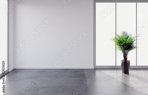 Idea of a white empty scandinavian room interior illustration 3D rendering with wooden floor and large wall and white