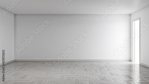 Idea of a white empty scandinavian room interior illustration 3D rendering with wooden floor and large wall and white © 3DarcaStudio