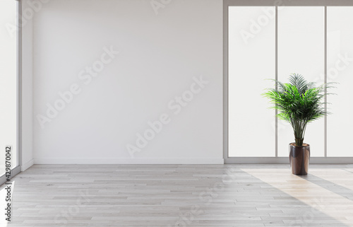 Idea of a white empty scandinavian room interior illustration 3D rendering with wooden floor and large wall and white