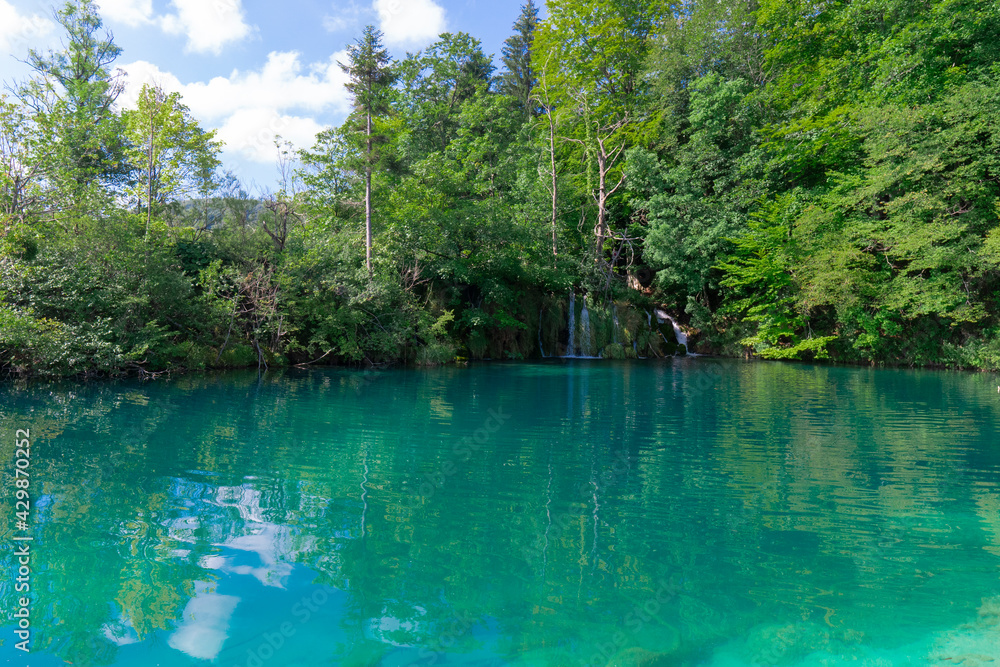 Croatia. Plitvice Lakes National Park. Lake with crystal clear turquoise water. Popular tourist spot. Listed as a UNESCO World Heritage Site