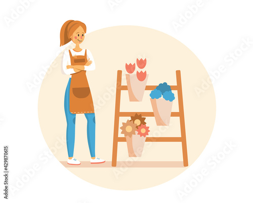 Young girl selling flowers flat vector illustration