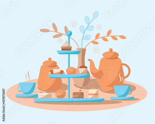 High tea with sweets and cake vector illustration