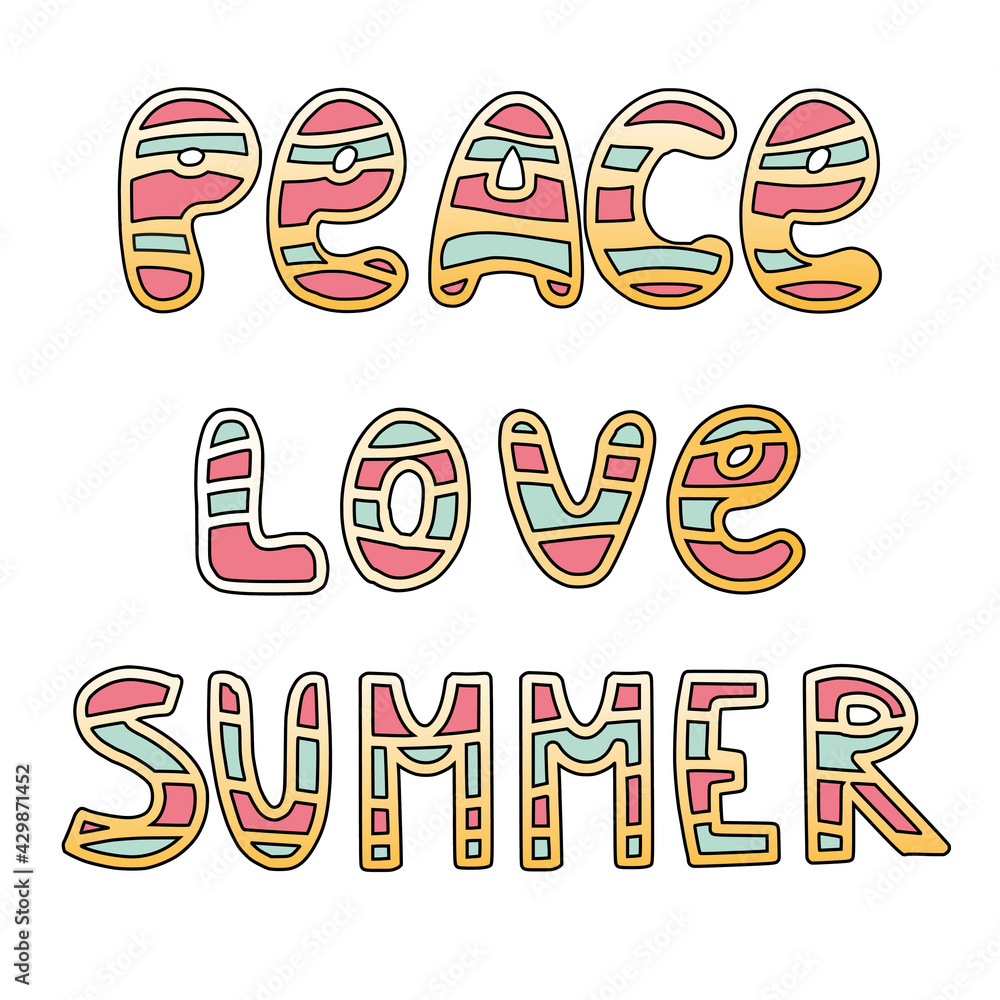 Peace, love, summer. Rainbowing lettering. Vector illustration