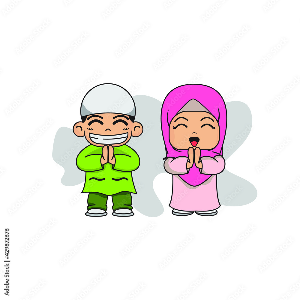 Cute Couple Muslim Kids, The Cute Two Muslim Kids Praying, two cute kids smile and happy vector illustration Cute Couple Muslim Kids, The Cute Two Muslim Kids Praying, two cute kids smile and happy vector illustration