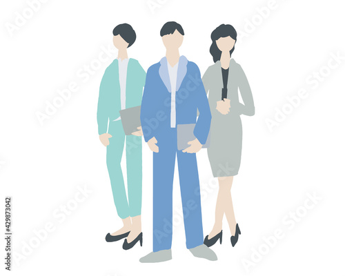 男女が３人一列に並んだ全身イラスト　スーツ　上司　チーム Full-body illustration of three men and women lined up in a row