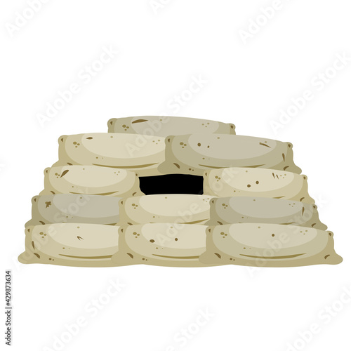 Barricade of sandbags. Fortified firing point. Defense construction. Modern warfare. Wall of the bag. Outpost and barrier. Loophole. Flat cartoon