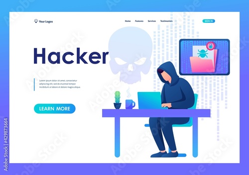 Hacker working on a laptop, cyber fraud, email hacking. Flat 2D landing page