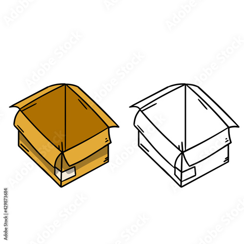 Box. Set of cardboard containers. Empty package. Parcel and mail. Hand drawn illustration. Objects for packing and moving