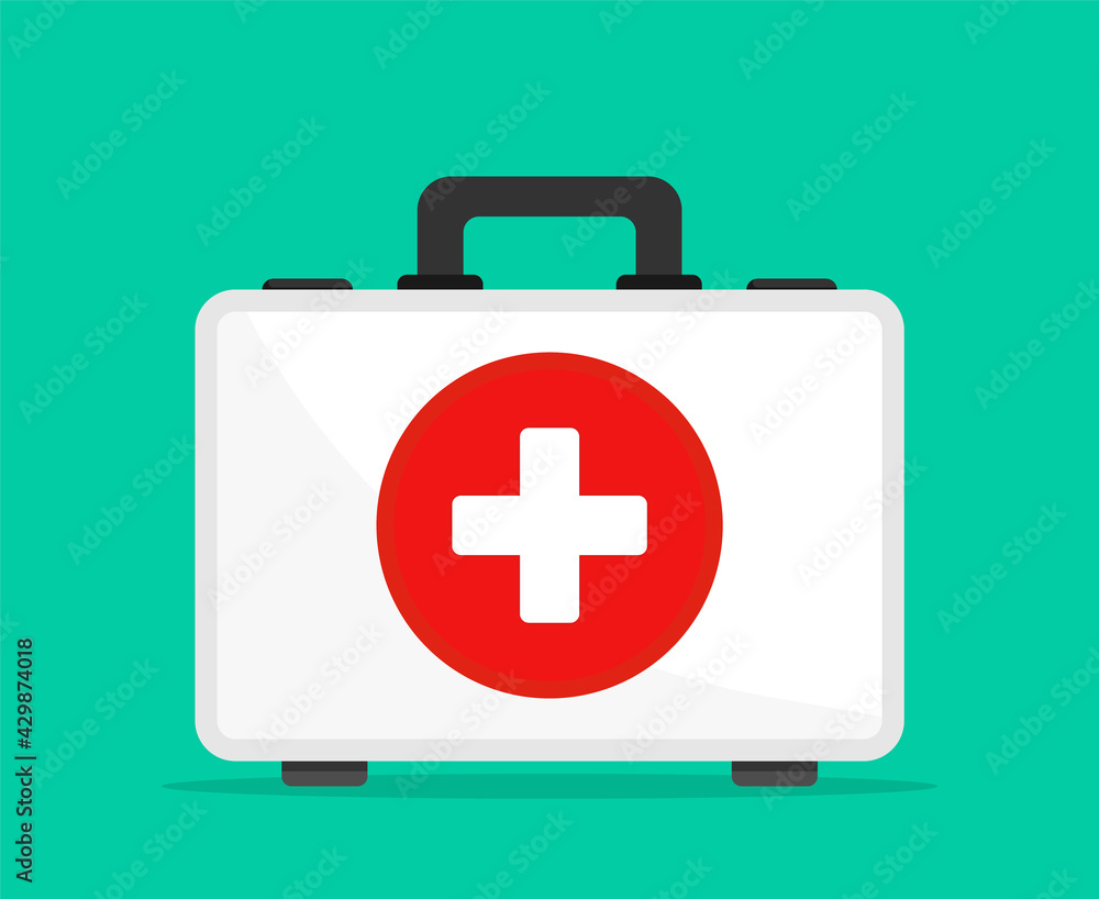 Obraz premium Medical suitcase white, first aid kit isolated on green background. Ambulance, help, healthcare, accident and treatment concept. Health care and diagnostics. Vector illustration EPS 10