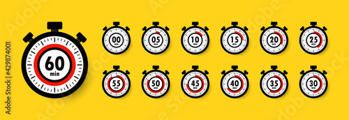 Stopwatch icon set isolated on yellow with shadow. Timer. Chronometer. Countdown 5,10,15,20,25,30,35,40,45,50,55,60 minutes. Sport clock with red colored time meaning. Vector illustration. EPS 10