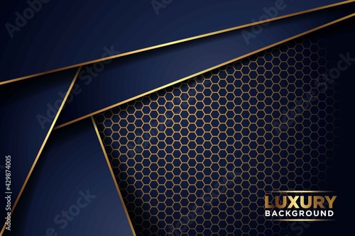luxurious dark navy gold line overlap background with hexagon mesh pattern combination. elegant modern technology futuristic background vector illustration