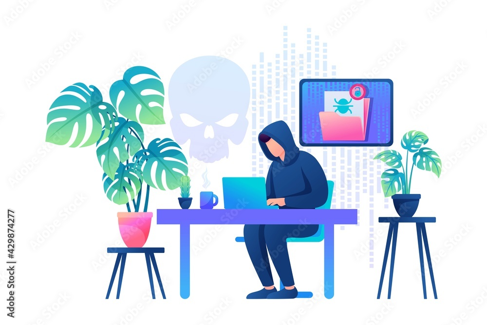 Hacker working on a laptop, cyber fraud, email hacking. Flat 2D Web design Hacker working on a laptop, cyber fraud, email hacking. Flat 2D Web design