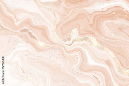 Abstract blush liquid marble or watercolor background with glitter foil textured stripes. Pastel marbled alcohol ink drawing effect. Vector illustration design template for wedding invitation