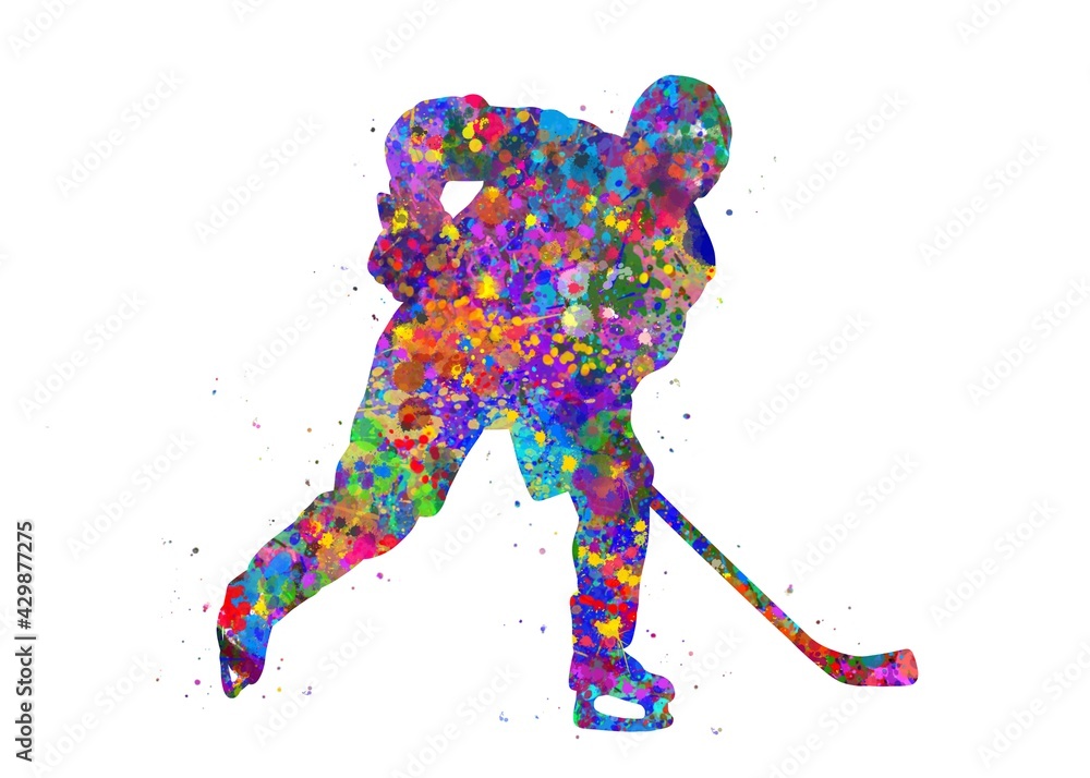 Fototapeta premium Ice hockey player watercolor art, abstract painting. sport art print, watercolor illustration rainbow, colorful, decoration wall art.