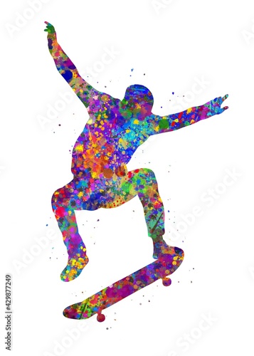 Skater boy watercolor art, abstract painting. sport art print, watercolor illustration rainbow, colorful, decoration wall art.