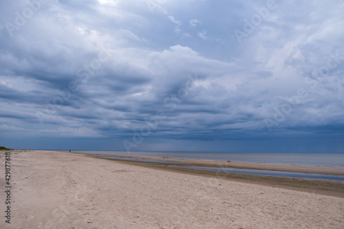 empty sandy beach by the sea with rocks