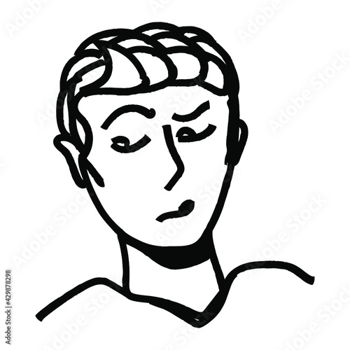 Male portrait with doubtful face. Vector line art with isolated cartoon. For avatars, comic characters, doodles, stickers design, banners and templates