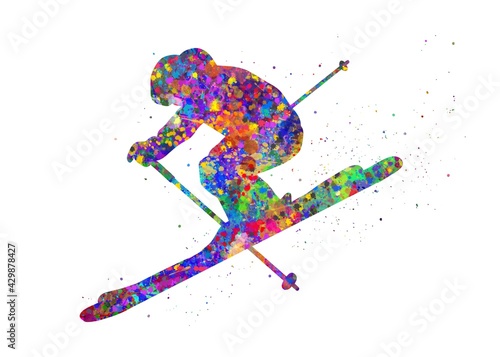 Ski watercolor art, abstract painting. sport art print, watercolor illustration rainbow, colorful, decoration wall art.