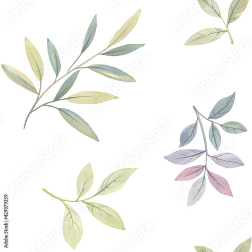 Watercolor leaves seamless pattern. Botanical pattern from leaves on a white background.