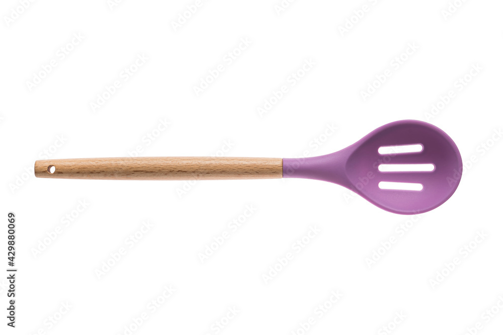 Lilac plastic kitchen tool with wooden handle for cooking Lilac plastic kitchen tool with wooden handle for cooking