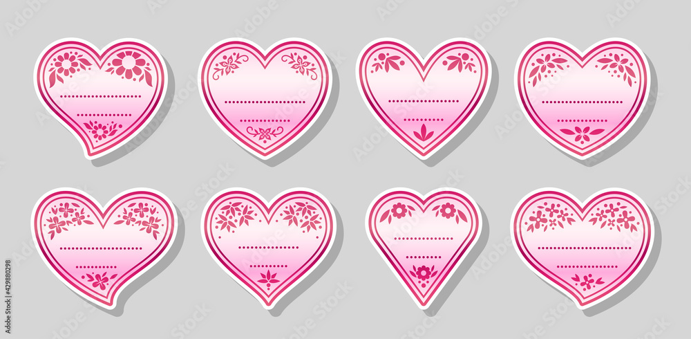 Hearts pink sticker icon set. Floral flower pattern love labels. Vintage cute note sheet collection. Retro romantic heart shape text frames for wedding invitation, valentine greeting card, price tag