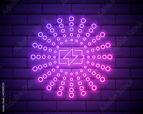 Glowing neon line Smartphone charging on wireless charger icon isolated on brick wall background. Charging battery on charging pad. Vector Illustration.