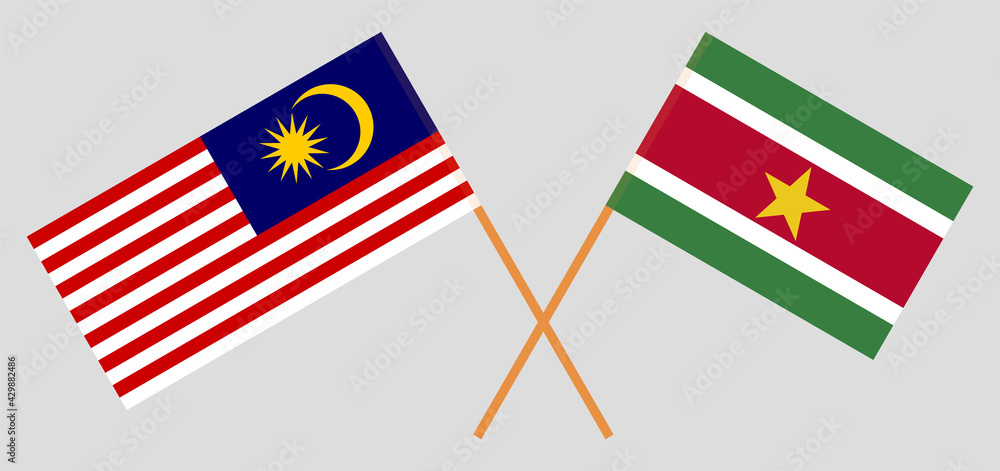 Crossed flags of Malaysia and Suriname. Official colors. Correct proportion Crossed flags of Malaysia and Suriname. Official colors. Correct proportion