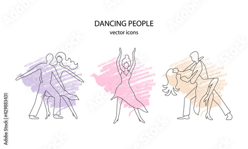 Vector illustration of dancing people outlines on colorful backgrounds for banner, advertisement, invitation, social media design or print. Line drawings of two couples and one woman during the dance 