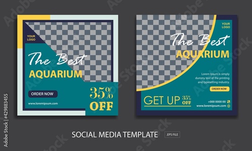 Set of Editable minimal square banner template. for promotion aquarium whit color green . Suitable for social media post and web internet ads. Vector illustration with photo college