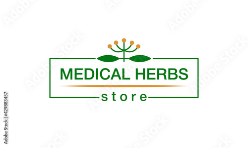 Vector illustration of medical herbs store logo with changeable text for corporate style, banner, drugstore advertisement, signage, catalog, product design. Green letters with floral element
