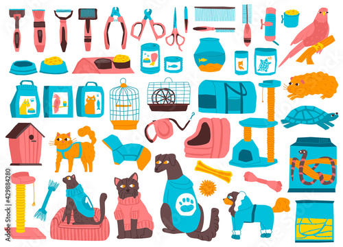 Set of Accessories Equipment for Pets. There is Food in Packages with Toys. Aquariums Fish, Turtles and Grooming items for Dogs and Cats with Clothes. A Bird Cage. Vector Flat illustration Collection.