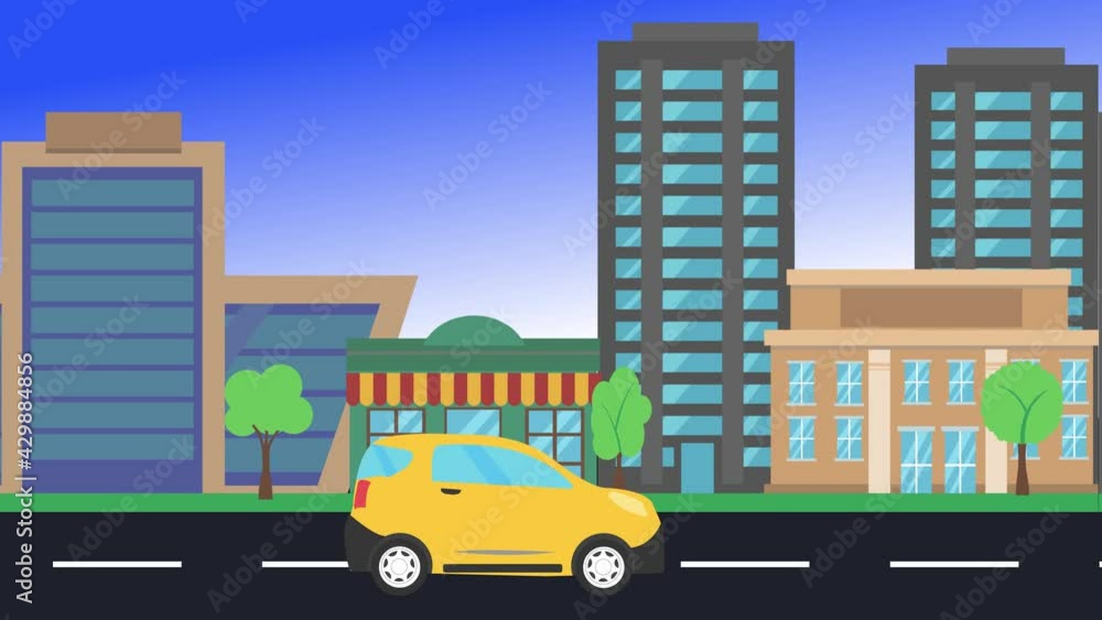 car driving rides around city side view, loop animation, flat design background car driving rides around city side view, loop animation, flat design background