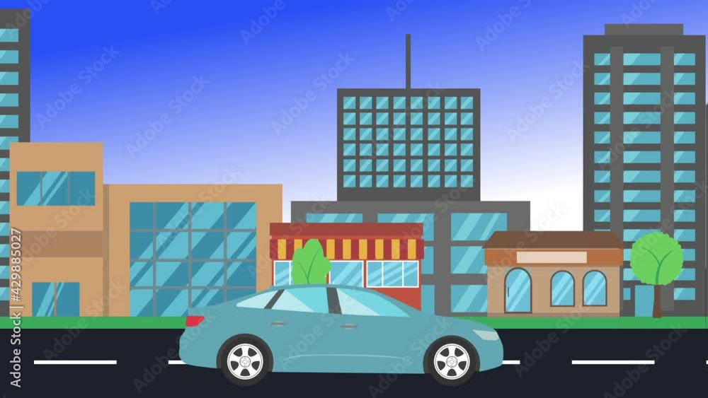 car driving rides around city side view, loop animation, flat design background car driving rides around city side view, loop animation, flat design background