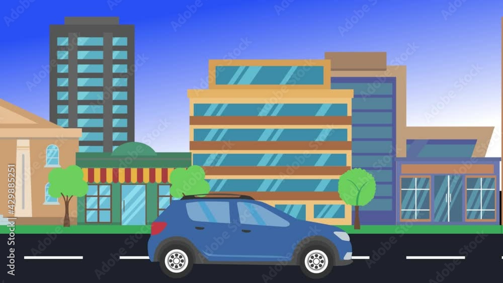 car driving rides around city side view, loop animation, flat design background car driving rides around city side view, loop animation, flat design background