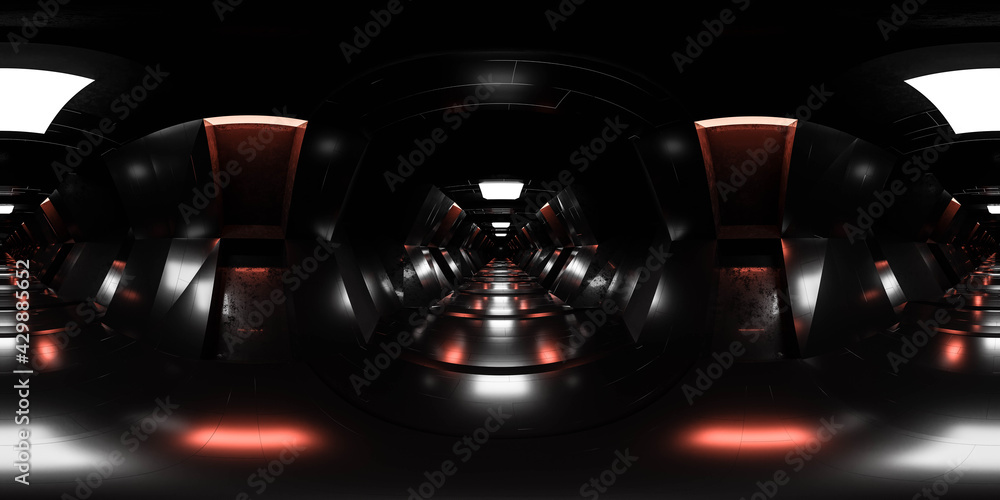 Full 360 panorama view of sci-fi design futuristic design space station basement hallway 3d render illustration hdri hdr vr style panorama