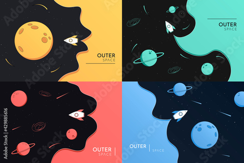 Vector illustration in abstract flat style. Minimalist backgrounds collection. Space exploration concept. Yellow, blue, mint, red colors. Colorful dark wallpaper. Modern design for website template