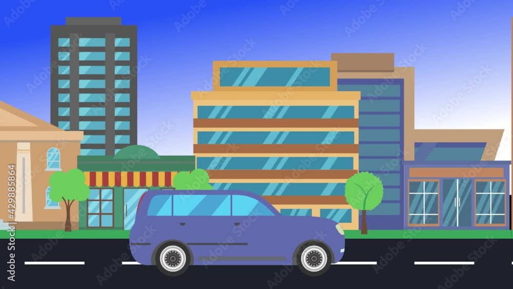 car driving rides around city side view, loop animation, flat design background car driving rides around city side view, loop animation, flat design background