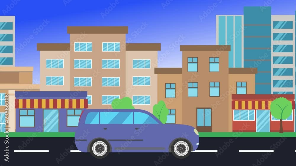 car driving rides around city side view, loop animation, flat design background car driving rides around city side view, loop animation, flat design background