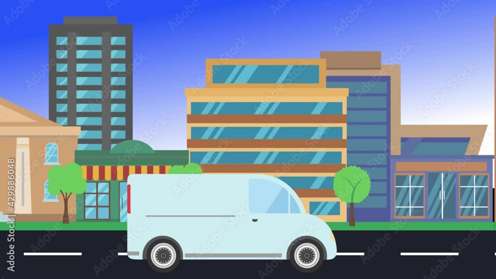 car driving rides around city side view, loop animation, flat design background car driving rides around city side view, loop animation, flat design background