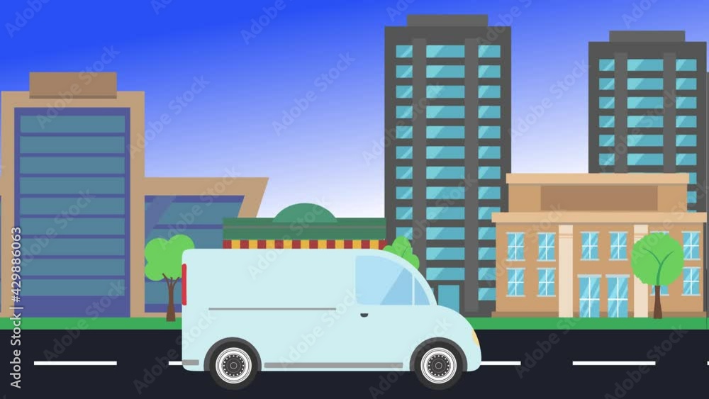 car driving rides around city side view, loop animation, flat design background car driving rides around city side view, loop animation, flat design background