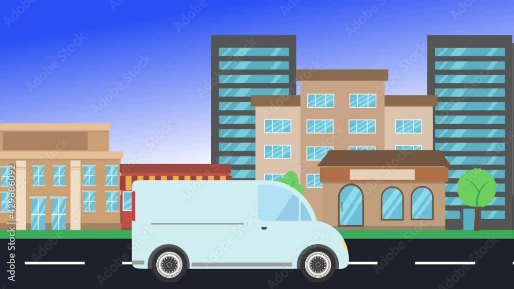 car driving rides around city side view, loop animation, flat design background car driving rides around city side view, loop animation, flat design background