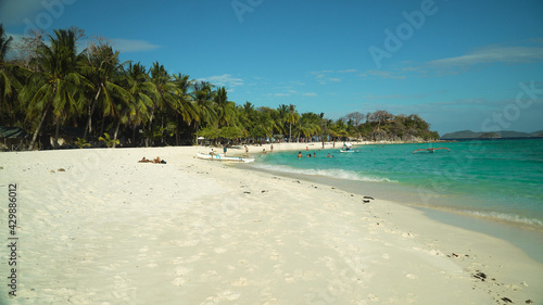 Sandy beach on tropical island with tourists palm trees and clear blue water. Malcapuya, Philippines, Palawan. Tropical landscape with blue lagoon