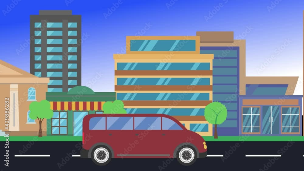 car driving rides around city side view, loop animation, flat design background car driving rides around city side view, loop animation, flat design background