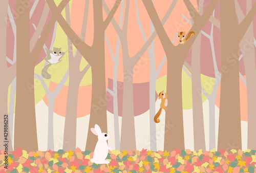 秋の紅葉の森で冬支度をするリスとモモンガとウサギのイラスト
