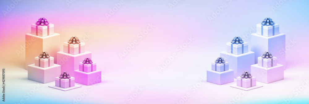 Wide Christmas New Year banner with gifts and copy blank space in the center in pastel pink blue colors Wide Christmas New Year banner with gifts and copy blank space in the center in pastel pink blue colors