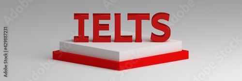 Wide banner with large bold white word IELTS on pedestal photo