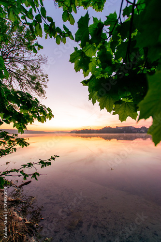 sunrise scenery at a lake  Straussee  Brandenburg  Germany 